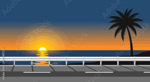 Tropical sunset, beach road, palm tree, vector illustration, travel background