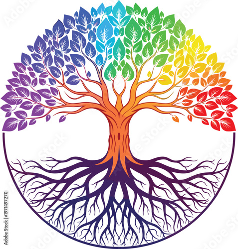 Tree of life circular icon with rainbow gradient foliage roots balance nature artwork, colorful vector template set