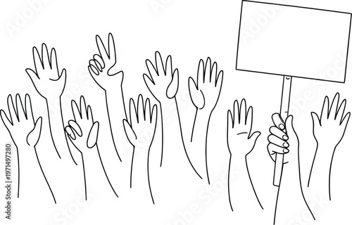 Group of diverse multiracial hands raised up and  Cooperation, communication, opinions exchange. Hand drawn vector vector illustration isolated on purple background, flat cartoon style.