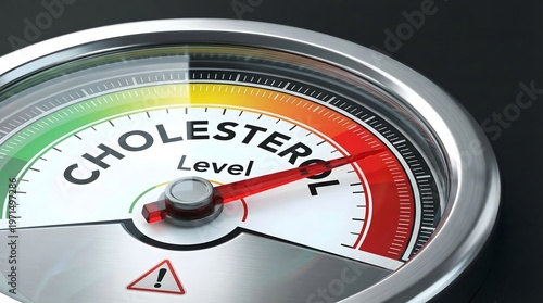 Close-up of a cholesterol level gauge indicating high-risk zone, representing heart health monitoring, medical diagnostics, and awareness of cardiovascular conditions in a clinical concept.