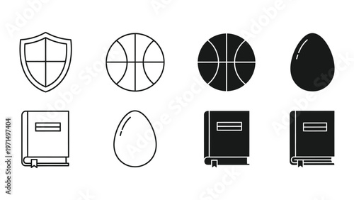 Contrast and symbolism in simplified icon design featuring shields, balls, and books