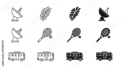 Collection of diverse icons featuring satellites, flowers, tennis rackets, and buses