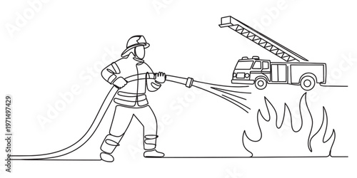 A single line drawing of a brave firefighter using a hose to extinguish a large burning fire zone. Vector, illustration