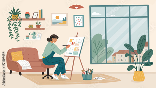 Freelance artist painting at home workspace cozy interior with woman creating art