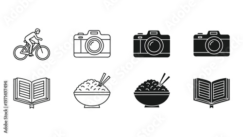 Collection of icons depicting activities and interests like cycling, photography, and cuisine