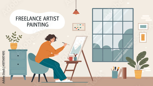 Freelance artist painting at home workspace cozy interior with creative person at easel