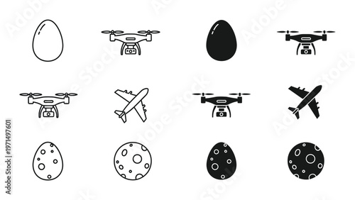 Drones, planes, eggs, and celestial bodies in simple line art