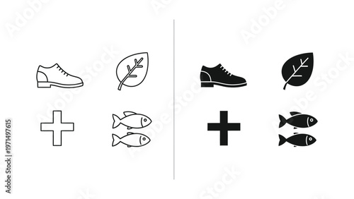 Contrast between light and dark icon sets featuring shoes, leaves, fish, and crosses