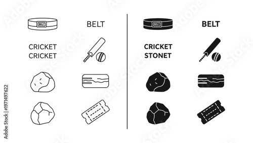 Comparison of cricket and stonet game equipment variations across different belts
