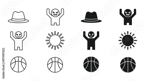 Contrasting icons of characters with hats, angry poses, and basketballs under sun symbols