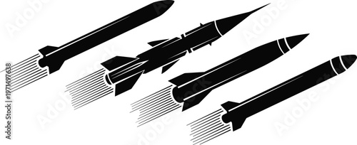 Vector Silhouette Collection of Military Missiles and Rockets in Flight Featuring Ballistic Projectiles for Defense Tactical Warfare and Aerospace Industry Design