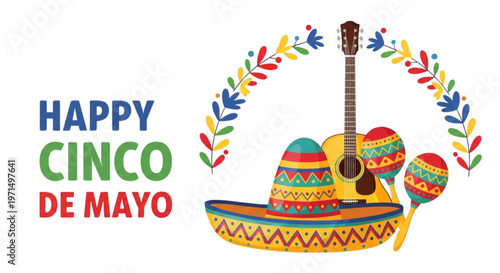 Happy Cinco de Mayo Festive Celebration Vector Illustration with Sombrero Maracas Guitar for Party Invitation and Social Media