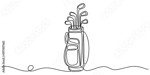 Minimalist continuous single line drawing of a golf bag filled with several golf clubs for sport Vector, illustration