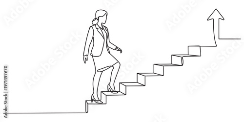 A single line drawing of a businesswoman walking up stairs towards a rising growth arrow sign Vector, illustration