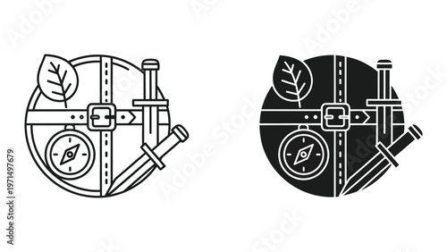 Contrasting medieval compass and quill designs in circular badges
