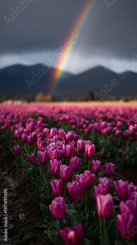 A stunning landscape of vibrant purple tulip fields set against a dramatic mountain backdrop with a vivid rainbow.