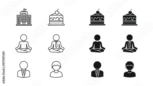 Visual representation of meditation, relaxation, and professionalism with various icons