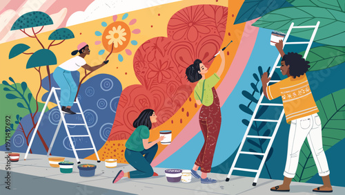 Multicultural artists collaborating on vibrant street art mural with colorful designs and heart
