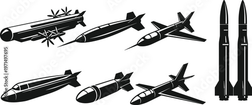 Vector Silhouette Collection of Military Missiles Rockets Fighter Jets and Aerial Bombs for Defense Tactical Warfare and Aerospace Industry Design