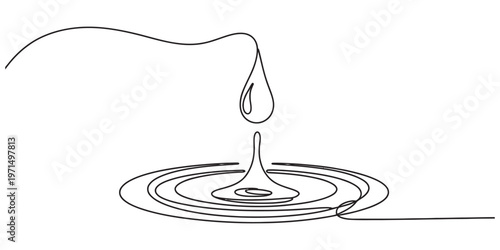 A single continuous line drawing of a water drop falling into a liquid surface to create ripples Vector, illustration
