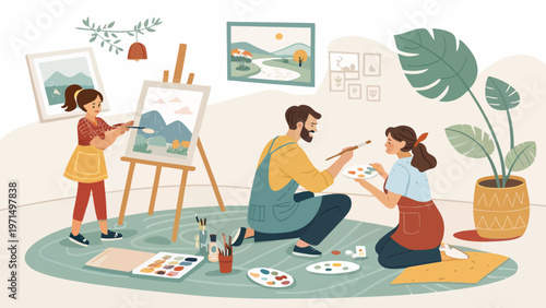 Hobby artists enjoying painting together in a cozy studio with colorful artwork and plants