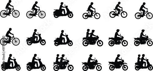 Transportation Silhouette Icon Set Featuring Bicycle Motorcycle Scooter And Moped Riders For Urban Commuting Delivery And City Traffic Vector Illustration
