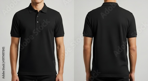 Classic black polo shirt showcasing both front and back views, emphasizing its comfortable design and versatile style for modern casual and professional attire