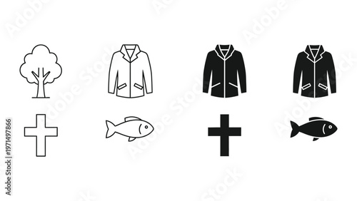 Symbolic representations of nature and clothing paired with religious and aquatic icons