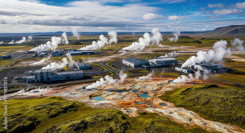 A geothermal power plant in a vast natural landscape with steam emissions