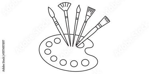 A black and white line art illustration of an artist paint palette with five different brushes Vector, illustration