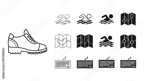Illustrations of various sports and activities icons with a sneaker