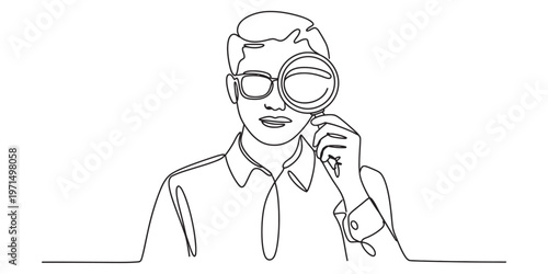 A continuous line drawing of a curious man looking through a magnifying glass at the viewer. Vector, illustration