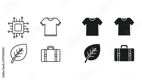 Contrast of technology, nature, and travel essentials in minimalist icons
