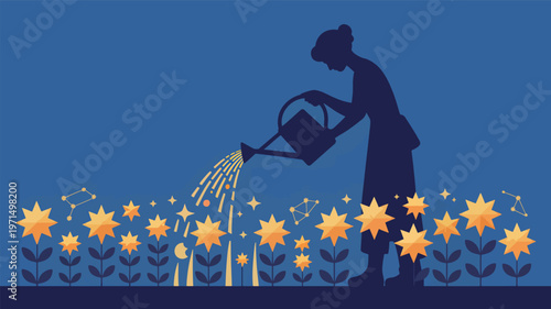 Silhouette of a person with raised arms against a starry sky and sunflower stars
