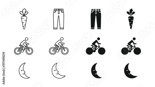 Daily life icons depicting vegetables, cycling, and moon phases in a repetitive pattern