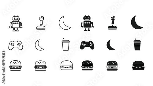 Variations of icons depicting robots, controllers, beverages, and burgers in black and white