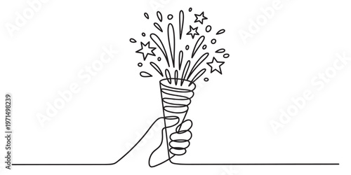 A single continuous line drawing of a hand holding a festive party popper with stars and confetti. Vector, illustration