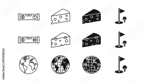 Symbolic representations of levels, cheese varieties, and golf in visual icons