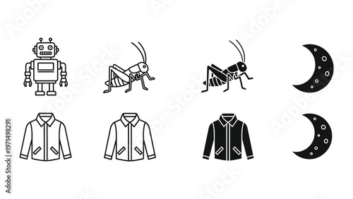 Whimsical blend of robots, insects, attire, and lunar crescents in stylized illustrations