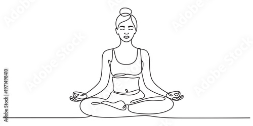 A single continuous line drawing of a woman in a peaceful yoga lotus pose for meditation practice Vector, illustration
