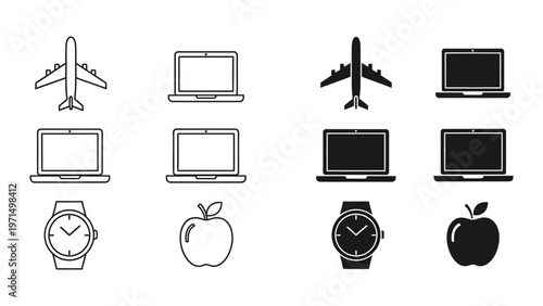 Contrast of filled and unfilled icons in a tech and travel theme arrangement