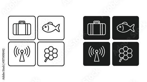 Contrast icon sets showing travel, communication, nature, and sea life