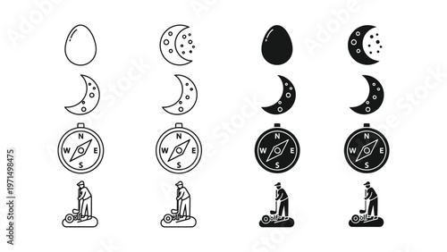 Illustrations of lunar phases with compasses and astronomers observing them
