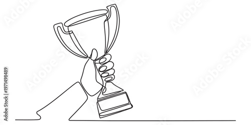 A single continuous line drawing of a hand holding up a trophy to represent success and victory. Vector, illustration