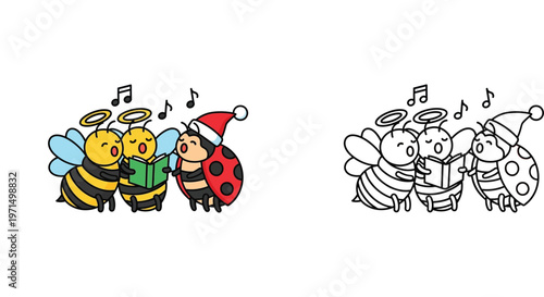Christmas Bees and Ladybug Caroling Coloring Page and Color Illustration Set for Kids Holiday Activity Book