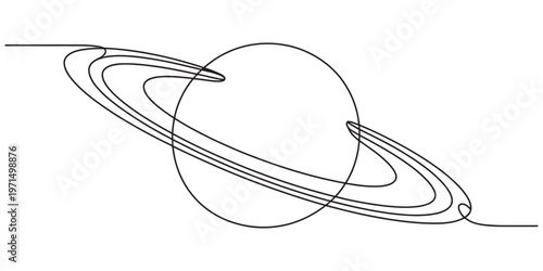 A continuous line drawing depicting a stylized planet with rings in a minimalist art style format. Vector, illustration