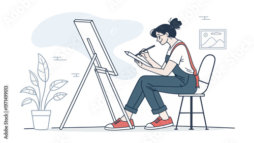 Woman artist sketching with pencil on easel in studio creating artwork with plant and inspiration board nearby