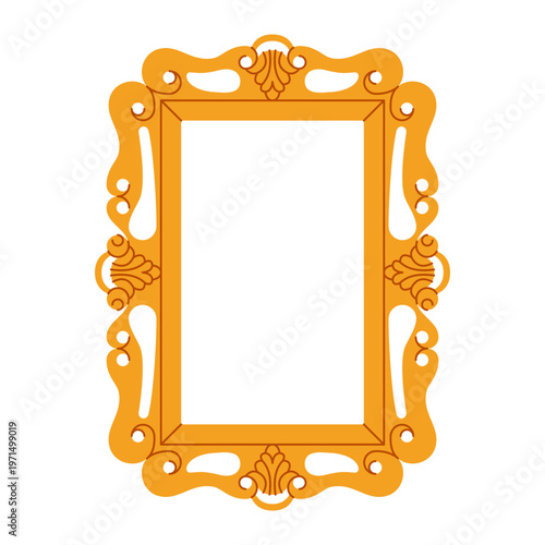 Vintage picture frame. Antique mirror decorative border, ornate baroque filigree photo frame, cartoon elegant gold luxury interior element. Vector flat illustration