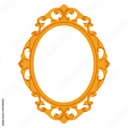 Vintage picture frame. Antique mirror decorative border, ornate baroque filigree oval photo frame, cartoon elegant gold luxury interior element. Vector flat illustration