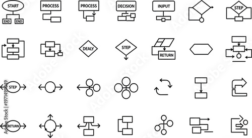 Collection of diverse black and white flowchart symbols representing processes and decision points